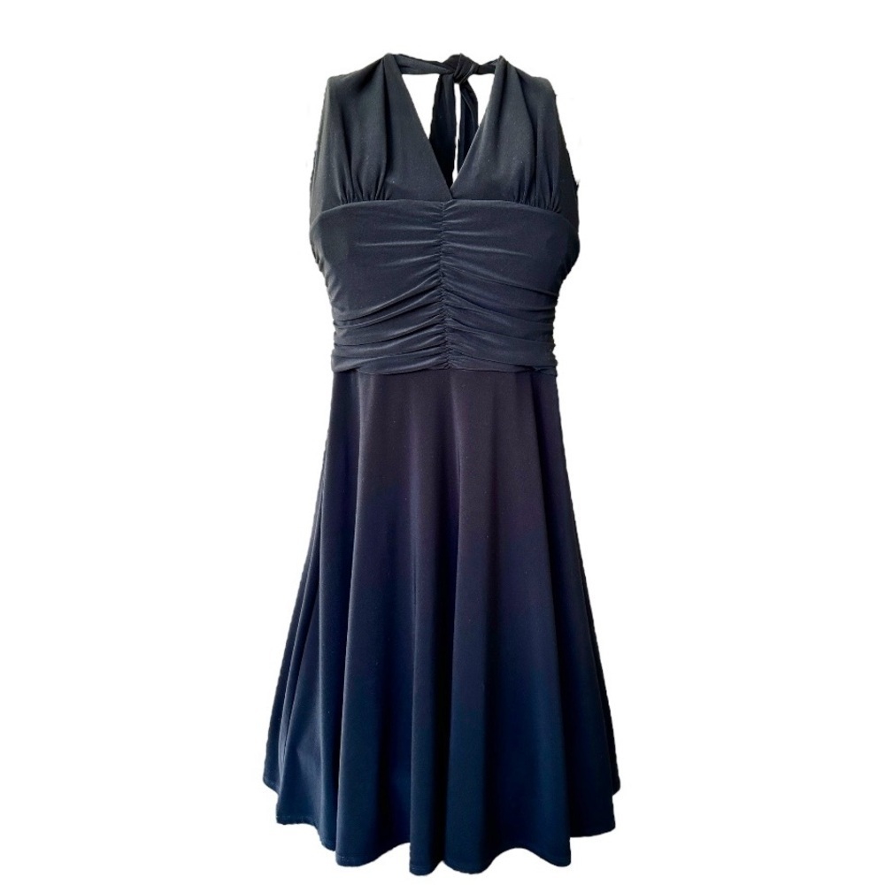 WHITEHOUSEBLACKMARKET, BLACK HALTER DRESS. SHIRRED BODICE,STRETCH FABRIC.SIZE S
